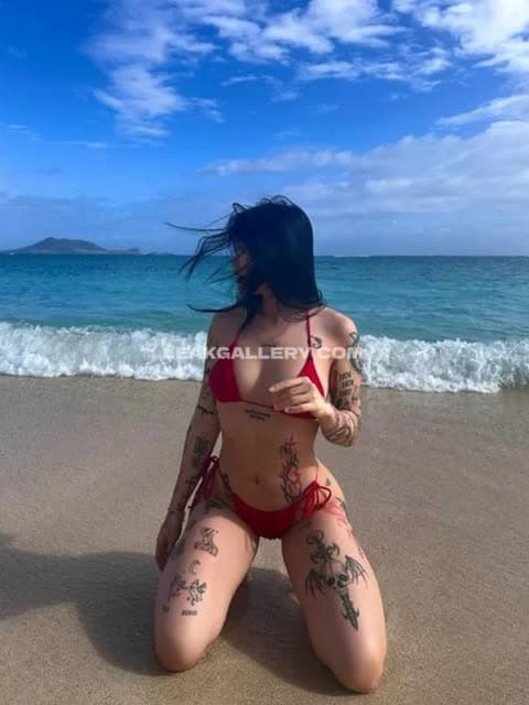 Lenerox Red Bikini Kneeling Beach OnlyFans Photo Leaked